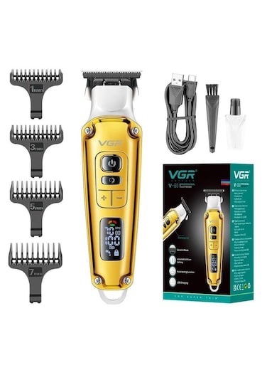 ماكينة تشذيب الشعر الاحترافية VGR V-931 بشاشة رقمية، زر سرعة دوران من 5500 إلى 7000 دورة في الدقيقة، شفرة من السيراميك والمعادن المسحوقة، 4 أمشاط قص، مدة تشغيل 240 دقيقة، بطارية ليثيوم 1600 مل أمبير