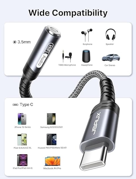 CM0011 USB Type C 3.5mm Female Headphone Jack Adapter, JSAUX USB C To Aux Audio Dongle Cable Cord-Grey-3m