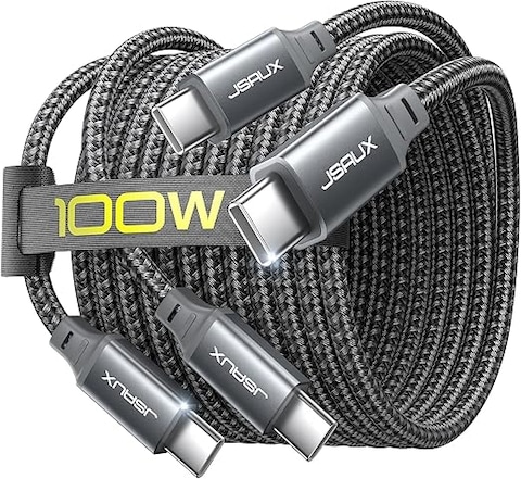 JSAUX 100W USB C to USB C Cable [2-Pack 6.6FT], Type C Fast Charging Cable Compatible with iPhone 15/15 Plus/15 Pro Max, Samsung S24/S24+/S24 Ultra/S23+/S23 Ultra, MacBook, iPad Pro Air, Pixel-Grey
