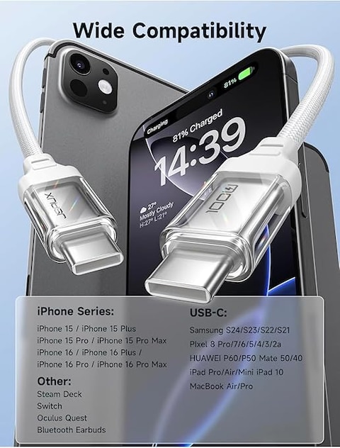كابل USB من النوع C 3.0 امبير بطول 1 متر من سلسلة فليكس من جيه سوكس، لون ازرق