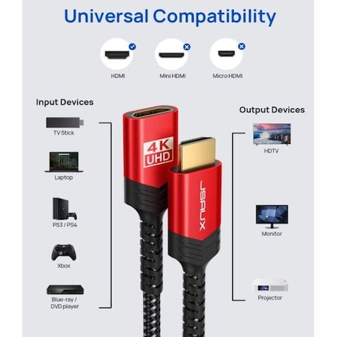 HDMI Male To HDMI Female Extension High Speed 4K@60Hz Adapter Durable Nylon Braided , 3.3FT Black &amp; Red