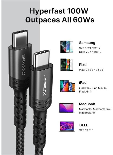 كابل جساوكس USB C إلى USB C 100 وات/5 أمبير [عبوة واحدة بطول 6.6 قدم]، سلك شحن سريع QC 4.0/USB PD نوع C متوافق مع MacBook Pro/Air M2، iPad Pro 12.9/iPad Air/Mini 6 Samsung Galaxy S23 S22 S21 أسود (2M)