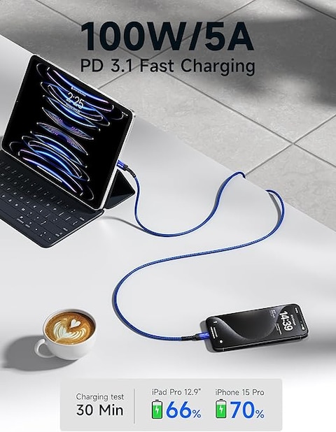 JSAUX USB C to USB C Cable 100W/5A [1-Pack ], QC 4.0/USB PD Type-C Fast Charging Cord Compatible with MacBook Pro/Air M2, iPad Pro 12.9/iPad Air/Mini 6 Samsung Galaxy S23 S22 Switch Blue (2M)