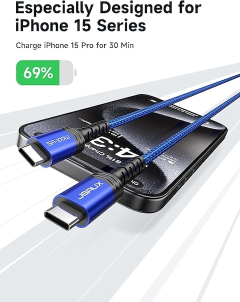 JSAUX USB C to USB C Cable 100W/5A [1-Pack ], QC 4.0/USB PD Type-C Fast Charging Cord Compatible with MacBook Pro/Air M2, iPad Pro 12.9/iPad Air/Mini 6 Samsung Galaxy S23 S22 Switch Blue (2M)