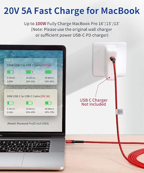 كابل توصيل USB نوع C الى USB نوع C من جيه سو، شحن سريع بقدرة 100 ، بلون احمر، وبطول 3 متر، (هاتف ذكي، محول الشحن)