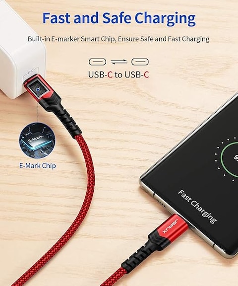 كابل توصيل USB نوع C الى USB نوع C من جيه سو، شحن سريع بقدرة 100 ، بلون احمر، وبطول 3 متر، (هاتف ذكي، محول الشحن)