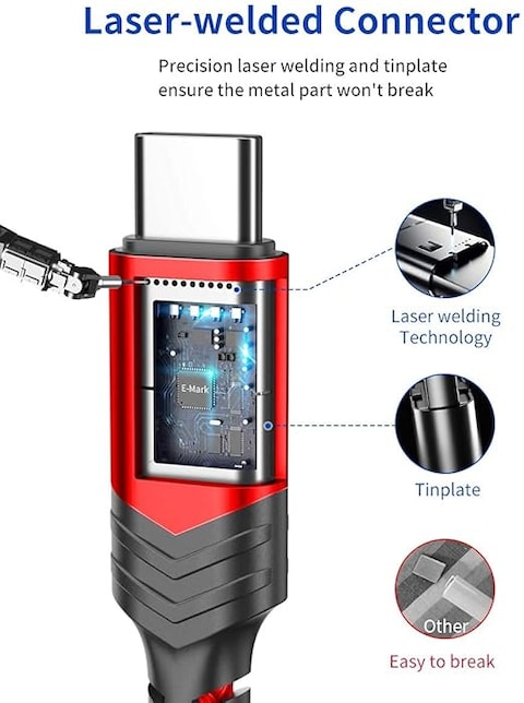 كابل توصيل USB نوع C الى USB نوع C من جيه سو، شحن سريع بقدرة 100 ، بلون احمر، وبطول 3 متر، (هاتف ذكي، محول الشحن)