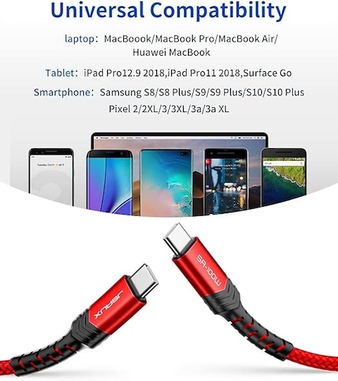 كابل توصيل USB نوع C الى USB نوع C من جيه سو، شحن سريع بقدرة 100 ، بلون احمر، وبطول 3 متر، (هاتف ذكي، محول الشحن)