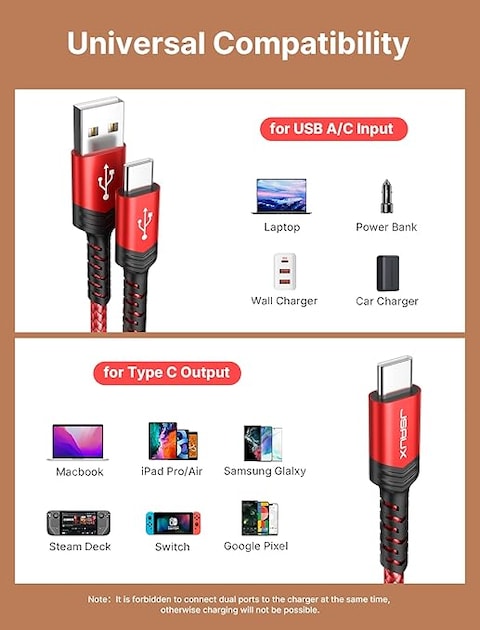 كابل USB C للشحن السريع بطول 2 متر وقدرة 60 وات من جي سوكس شاحن منفذ إلى بشدة تيار 3.1 امبير سلك شحن بمنفذ نوع متوافق مع سامسونج جالاكسي واي باد برو - اير ميني وماك بوك