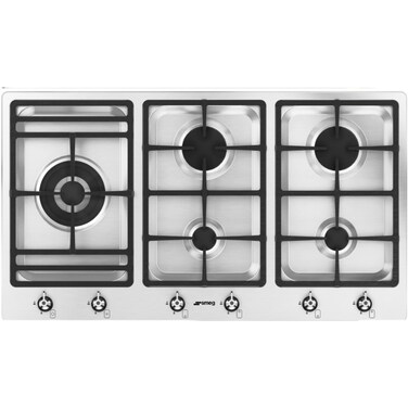 Smeg Built-in Gas Hob, 90 cm, 5 Burners, Cast Iron Pan Supports, Stainless Steel, PS906-5