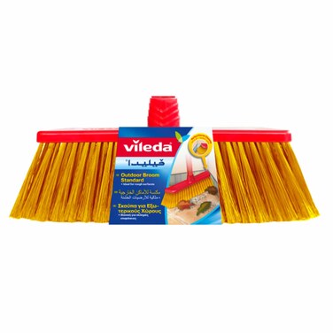 Vileda Outdoor Floor Broom with Stick, Trapezoidal Shape, Rough surfaces, Sweeping Up Rubbish, Weather-Resistant, Easy To Clean, Red &amp; Yellow, 33 x 6 x 140 Cm