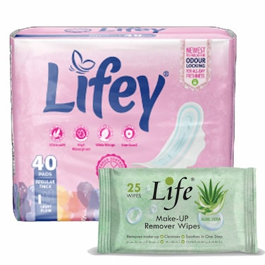 Lifey Thick Pad Regular Economy Pack 40 Pads + Makeup Remover Wipes 25 Wipes