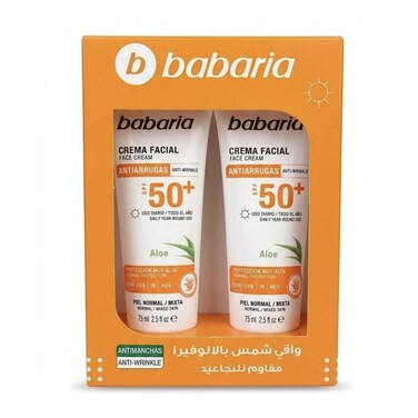 Babaria Aloe Vera Solar Sun Cream SPF 50+ 75 Gram 2 Pieces