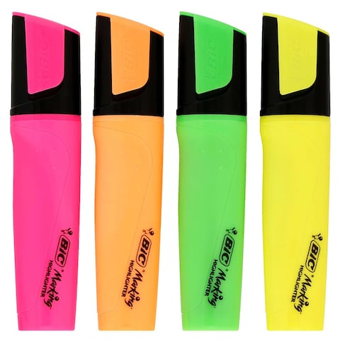 BIC Marking Highlighter Flat Pens (1.7 mm to 4.8 mm) with Super-Fluorescent Water-Based Ink - Assorted Colours, Pack of 4