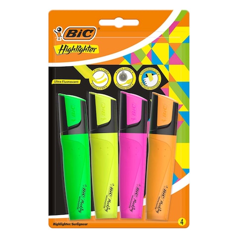 BIC Marking Highlighter Flat Pens (1.7 mm to 4.8 mm) with Super-Fluorescent Water-Based Ink - Assorted Colours, Pack of 4