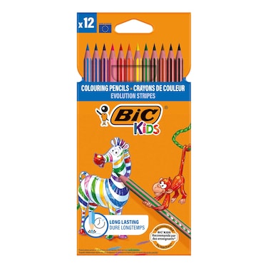 BIC Kids Evolution Stripes Colouring Pencils - Assorted Colours, Pack of 12