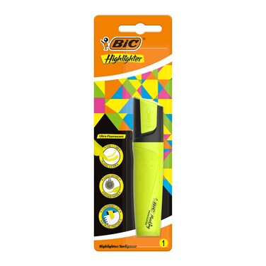 BIC Marking Highlighter Flat Pens (1.7 mm to 4.8 mm) with Super-Fluorescent Water-Based Ink - Yellow Colour, Pack of 1