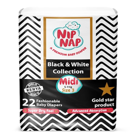 Nipnap Black &amp; White Fashionable Diapers Mid Count Midi 22S