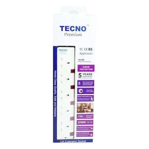 Tecno 5-Way Extension w/Switch Surge Protector