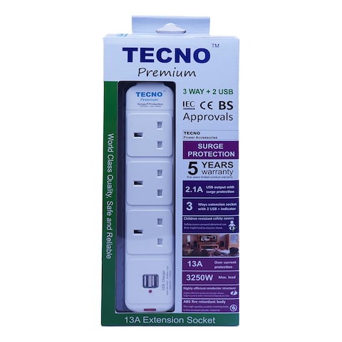 Tecno 3W +2Usb Surge Extension