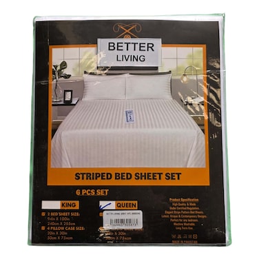 Better Living Striped Queen Bed Sheet Set White 200x240cm 6 Pieces