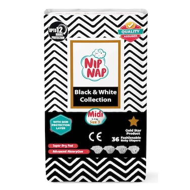 Nipnap Black &amp; White Diapers High Count Midi 36pcs