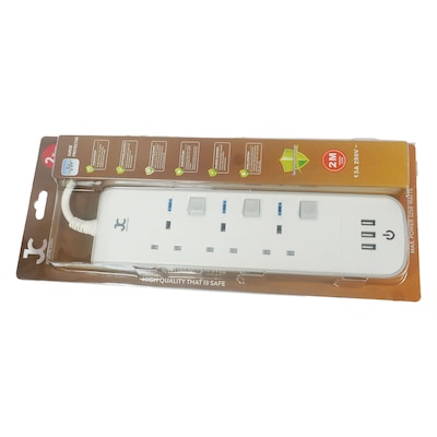 JC 3 Way Uk Ext Socket + Usb JX09