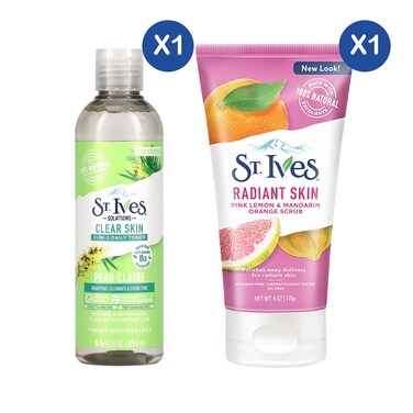 St. Ives Tea Tree and Witch Hazle 3 in 1 Toner 251ML +St. Ives Radiant Skin Pink Lemon and Mandarin Orange Scrub 177ml
