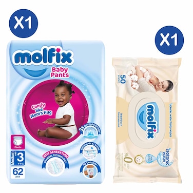 Molfix Pants Midi Jumbo 6.1Kg To 9Kg 62Pc + Molfix Isotonic Wet Wipes Newborn 50'S