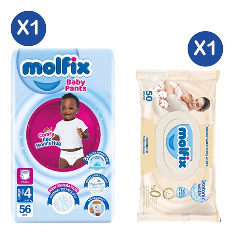 Molfix Pants Maxi Jumbo 9.1Kg To 15Kg 56Pc + Molfix Isotonic Wet Wipes Newborn 50&#39;S