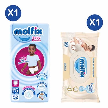 Molfix Pant Junior Jumbo 15Kg To 20Kg 52Pc + Molfix Isotonic Wet Wipes Newborn 50&#39;S