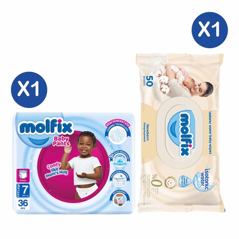 Molfix Pants 2Xl Jumbo 36X3 25Kg + Molfix Isotonic Wet Wipes Newborn 50&#39;S