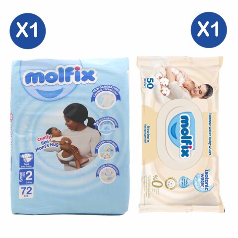 Molfix Diapers 3D 3Kg 6Kgs Small 72Pc + Molfix Isotonic Wet Wipes Newborn 50&#39;S