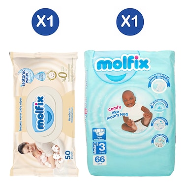 Molfix Diapers 3D 6.1Kg 9Kgs Medium 66 Pieces + Molfix Isotonic Wet Wipes Newborn 50'S