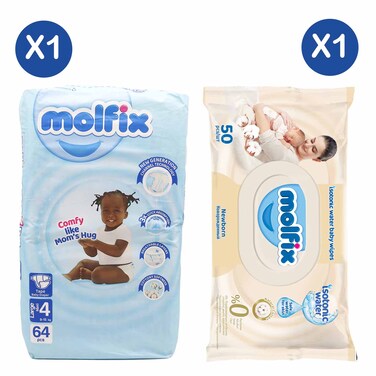 Molfix Diapers 3D 9.1Kg  15Kgs Large 64Pc + Molfix Isotonic Wet Wipes Newborn 50'S