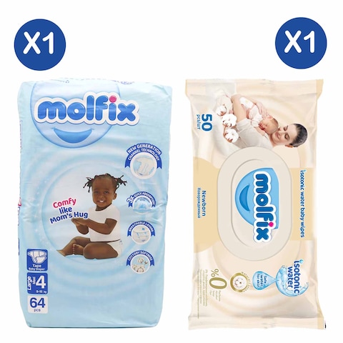 Molfix Diapers 3D 9.1Kg  15Kgs Large 64Pc + Molfix Isotonic Wet Wipes Newborn 50&#39;S