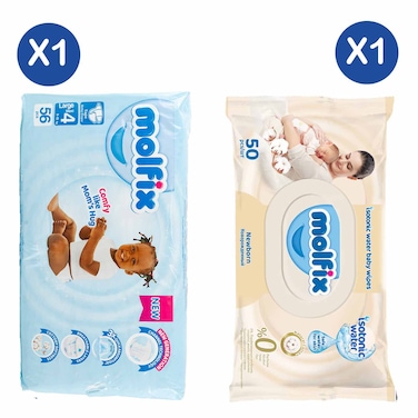 Molfix Diapers 3D 9.1 to 15Kgs Large 56Pc + Molfix Newborn Wet Wipes 50 Sheets 