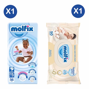 Molfix Diapers 3D 15Kg20Kg Xl 56Pc + Molfix Isotonic Wet Wipes Newborn 50'S