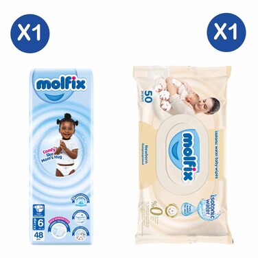 Molfix Diaper Xxl N6 48S 2025Kg Jumbo + Molfix Isotonic Wet Wipes Newborn 50'S
