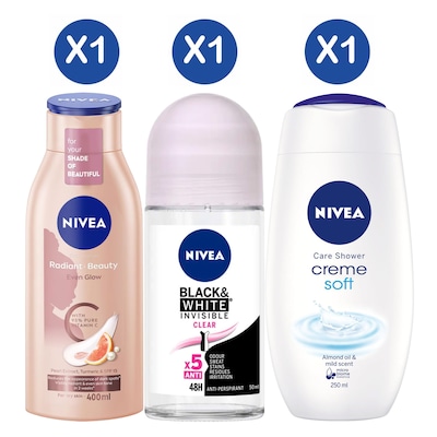 Nivea Even Glow 400ml+Black & White 50ML+Cream Soft 250ml