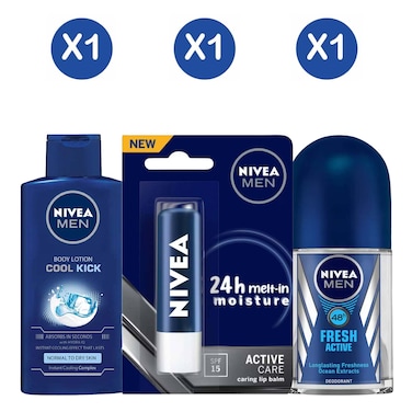 Nivea Deodorant 25ml + Cool Kick Body Lotion 200ml + Lipcare