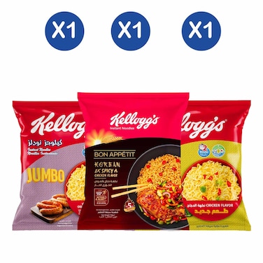 Kelloggs Noodles 2x Spicy Chicken + 
Jumbo chicken + Sausage flavour

