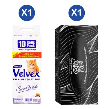 Velvex Toilet Rolls White X10 + Qik Dri Box Embossed Hand Paper Towel 170 Counts