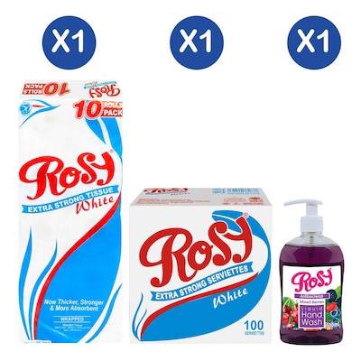 Rosy White Toilet Rolls x 10 + Rosy Serviettes White 100 sheets + Rosy Hand Wash Mix Berries 500Ml