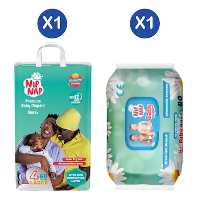 Nipnap Premium Baby Diapers Jumbo Maxi 60S + Nipnap Baby Wipes 80S
