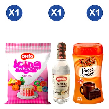 Zesta Cocoa 200g + Icing Sugar 500g + Vanilla Essence 500ml