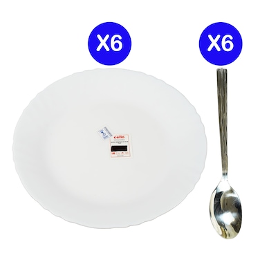 Cello Plain Dinner Plate 6 Pieces 10"/25Cm+ 6 Pieces Fns Nairobi Dinner Spoon S6 Gnbds06
