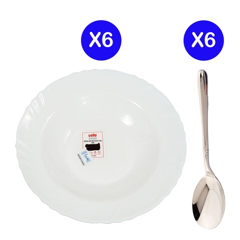 Cello Plain Soup Plate 6 Pieces 8"/20Cm+ 6 Pieces Fns Montavo Rio Dessert Spoon