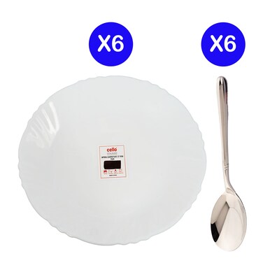 Cello Plain Dessert Plate 6 Pieces  7.5&quot;/19Cm+ 6 Pieces Fns Montavo Rio Dessert Spoon
