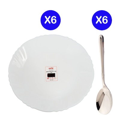 Cello Plain Dessert Plate 6 Pieces  7.5"/19Cm+ 6 Pieces Fns Montavo Rio Dessert Spoon